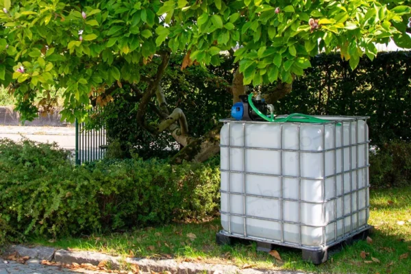 cuve-ibc-blanc-avec-pompe-220V-1000L-nettoye-palette-acier-plastique-vue-de-droite-dans-environnement-de-jardin.webp